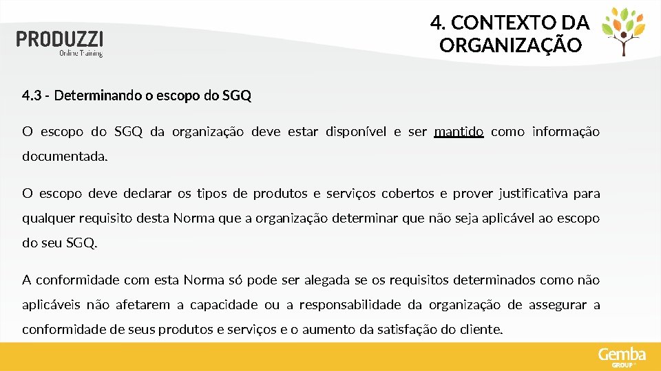 4. CONTEXTO DA ORGANIZAÇÃO 4. 3 - Determinando o escopo do SGQ O escopo