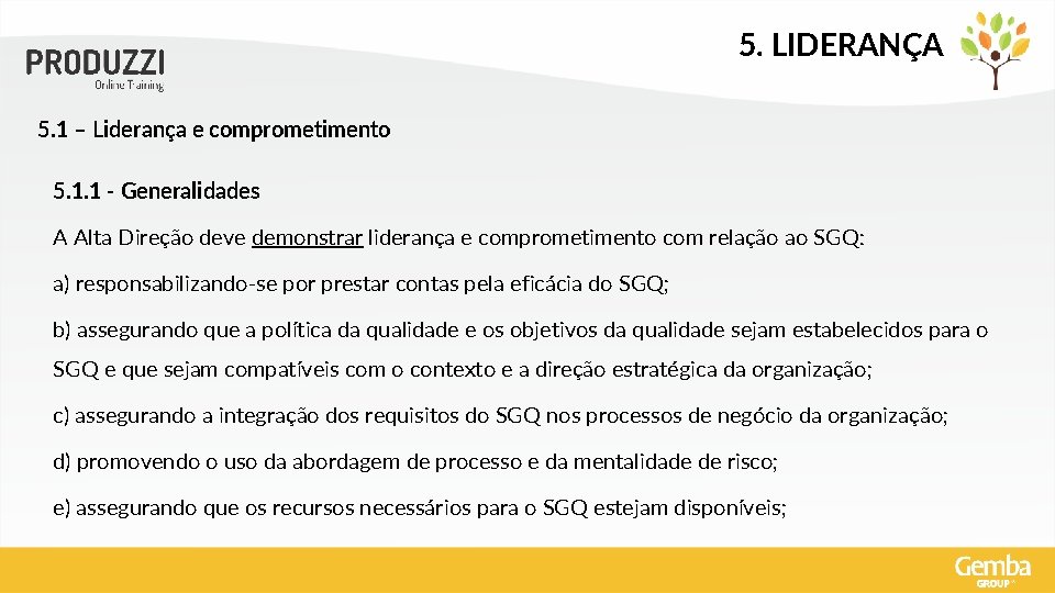 5. LIDERANÇA 5. 1 – Liderança e comprometimento 5. 1. 1 - Generalidades A