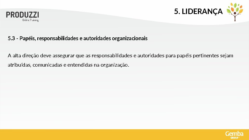 5. LIDERANÇA 5. 3 - Papéis, responsabilidades e autoridades organizacionais A alta direção deve