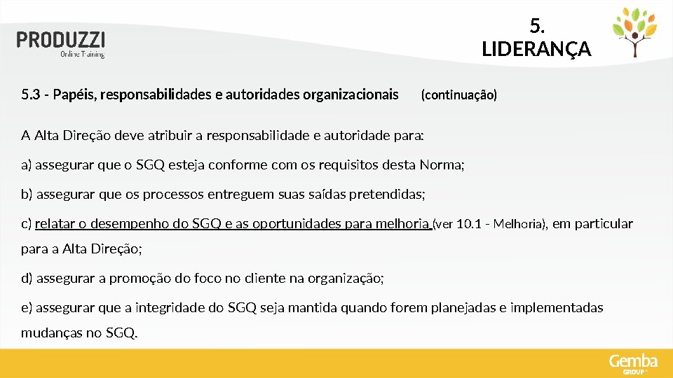 5. LIDERANÇA 5. 3 - Papéis, responsabilidades e autoridades organizacionais (continuação) A Alta Direção