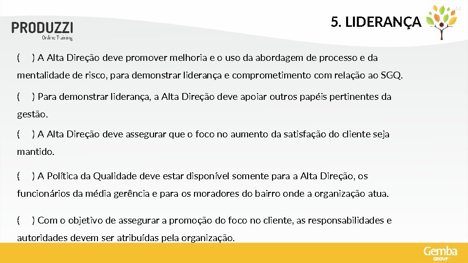 44 5. LIDERANÇA ( ) A Alta Direção deve promover melhoria e o uso