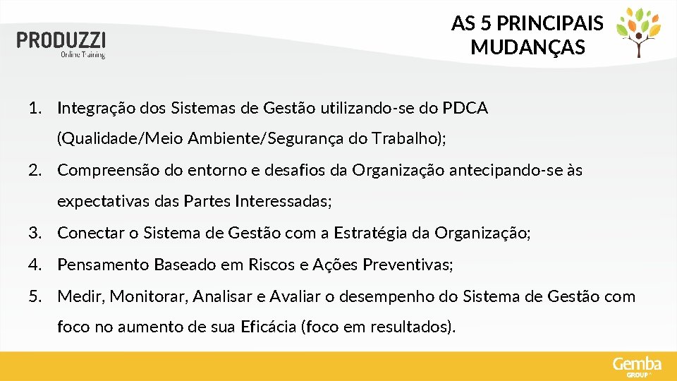 AS 5 PRINCIPAIS MUDANÇAS 1. Integração dos Sistemas de Gestão utilizando-se do PDCA (Qualidade/Meio