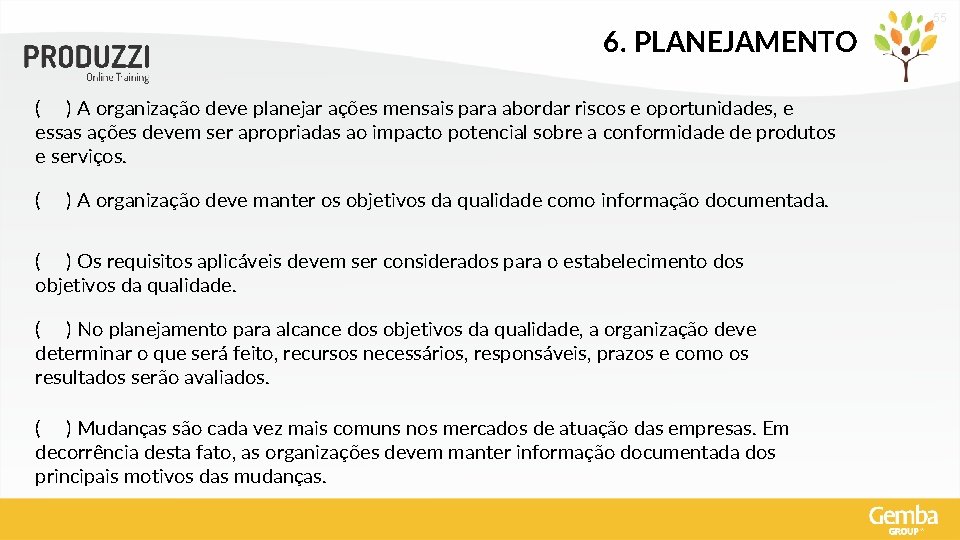 6. PLANEJAMENTO ( ) A organização deve planejar ações mensais para abordar riscos e