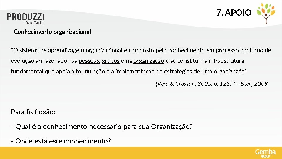 7. APOIO Conhecimento organizacional “O sistema de aprendizagem organizacional é composto pelo conhecimento em