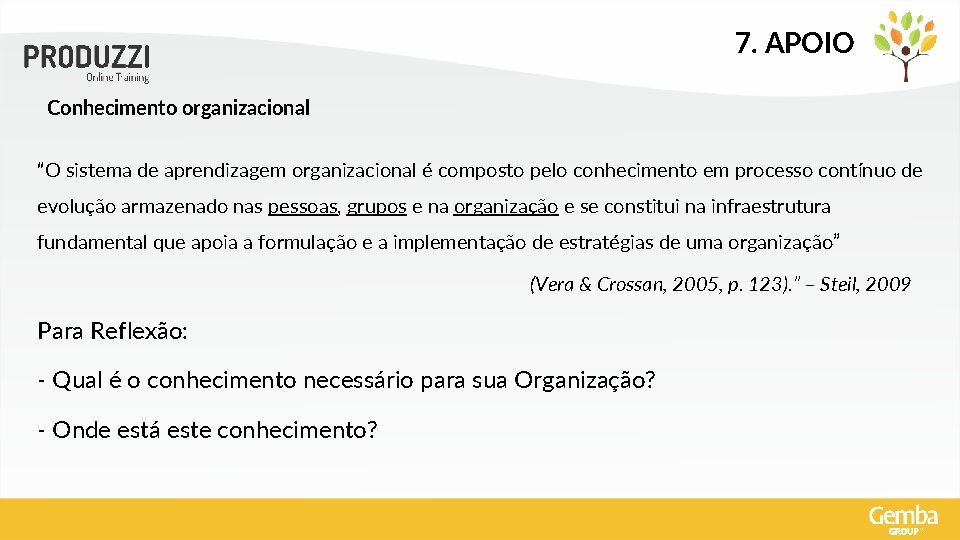 7. APOIO Conhecimento organizacional “O sistema de aprendizagem organizacional é composto pelo conhecimento em