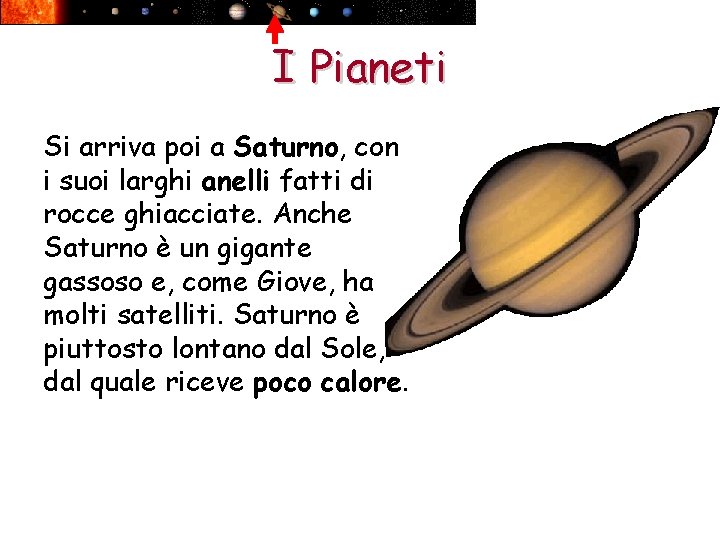 I Pianeti Si arriva poi a Saturno, con i suoi larghi anelli fatti di