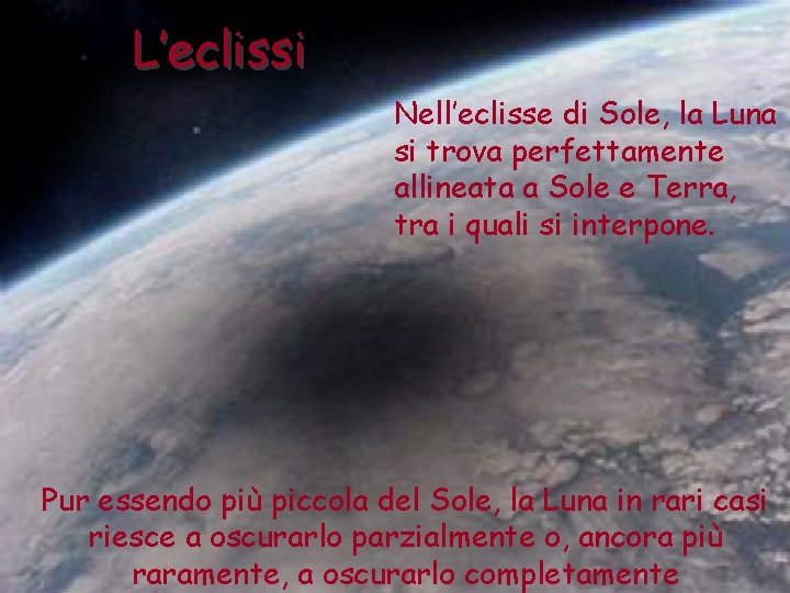 L’eclissi Nell’eclisse di Sole, la Luna si trova perfettamente allineata a Sole e Terra,