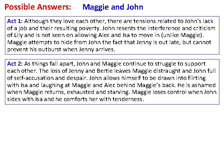 Possible Answers: Maggie and John Act 1: Although they love each other, there are