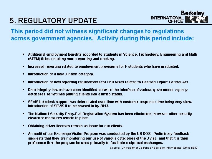 Berkeley INTERNATIONAL OFFICE 5. REGULATORY UPDATE This period did not witness significant changes to