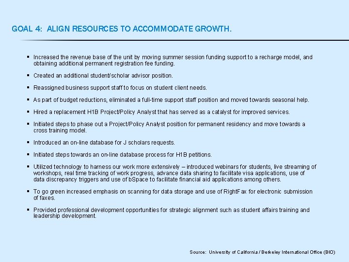 GOAL 4: ALIGN RESOURCES TO ACCOMMODATE GROWTH. § Increased the revenue base of the
