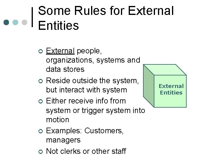 Some Rules for External Entities ¢ ¢ ¢ External people, organizations, systems and data Some Rules for External Entities ¢ ¢ ¢ External people, organizations, systems and data