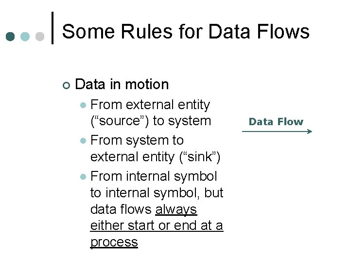 Some Rules for Data Flows ¢ Data in motion From external entity (“source”) to Some Rules for Data Flows ¢ Data in motion From external entity (“source”) to