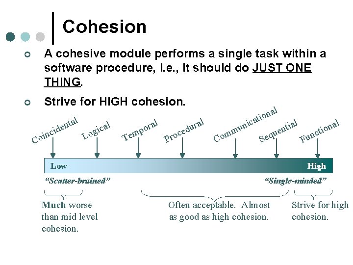 Cohesion ¢ A cohesive module performs a single task within a software procedure, i. Cohesion ¢ A cohesive module performs a single task within a software procedure, i.