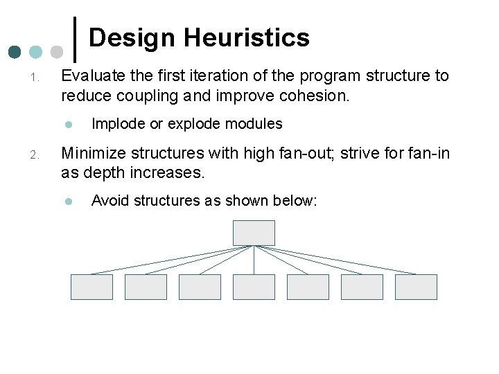 Design Heuristics 1. Evaluate the first iteration of the program structure to reduce coupling Design Heuristics 1. Evaluate the first iteration of the program structure to reduce coupling