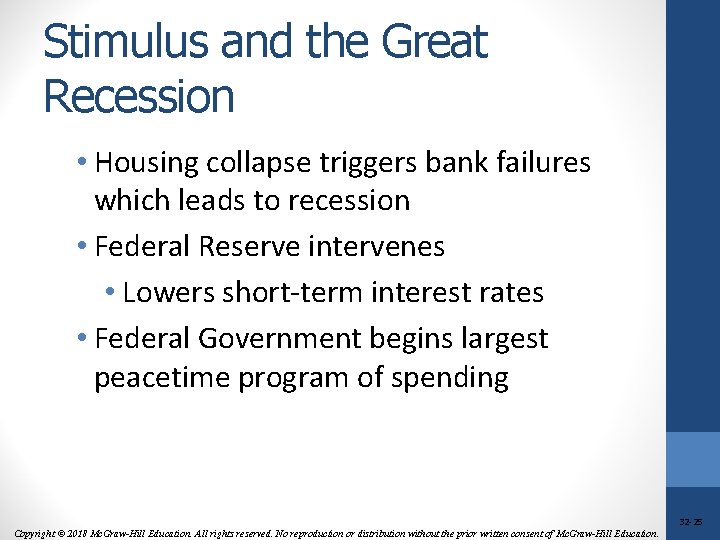 Stimulus and the Great Recession • Housing collapse triggers bank failures which leads to