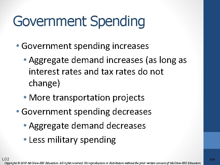 Government Spending • Government spending increases • Aggregate demand increases (as long as interest