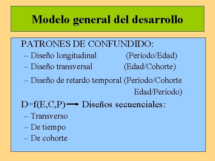 Modelo general desarrollo PATRONES DE CONFUNDIDO: – Diseño longitudinal – Diseño transversal (Período/Edad) (Edad/Cohorte)
