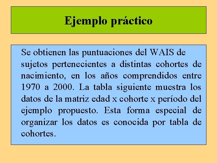 Ejemplo práctico Se obtienen las puntuaciones del WAIS de sujetos pertenecientes a distintas cohortes