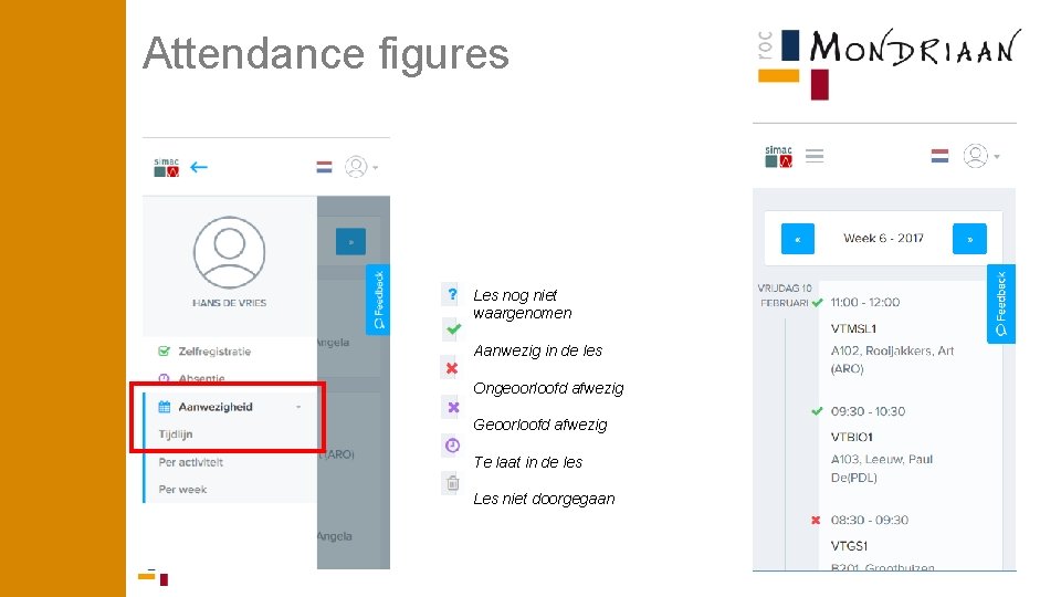 Attendance figures Les nog niet waargenomen Aanwezig in de les Ongeoorloofd afwezig Geoorloofd afwezig Attendance figures Les nog niet waargenomen Aanwezig in de les Ongeoorloofd afwezig Geoorloofd afwezig