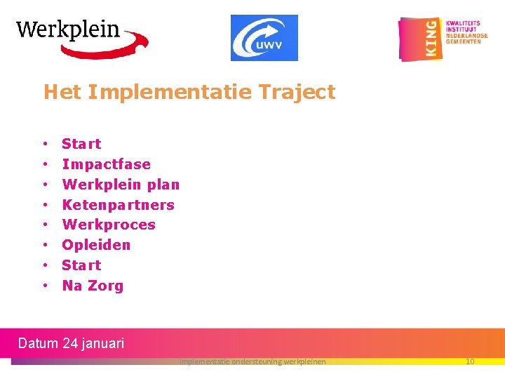 Het Implementatie Traject • • Start Impactfase Werkplein plan Ketenpartners Werkproces Opleiden Start Na