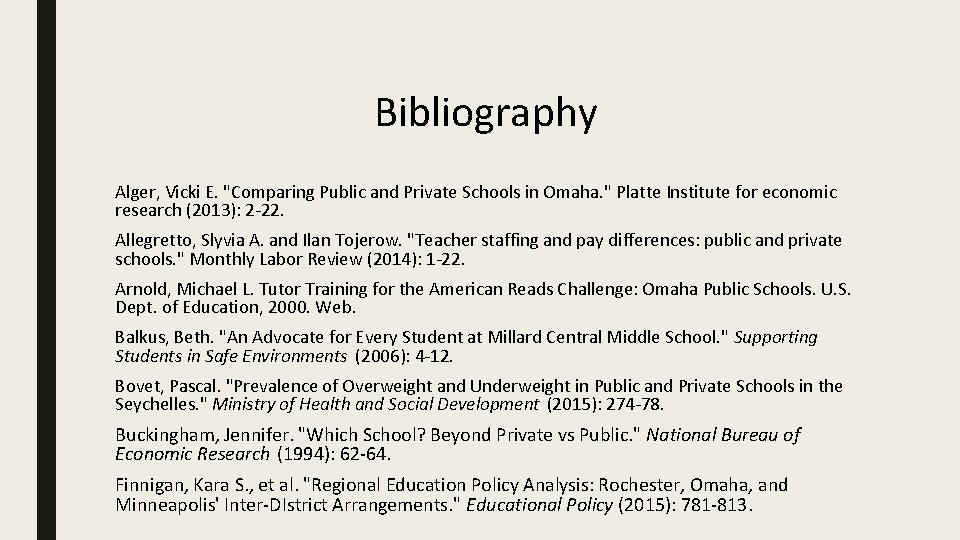 Bibliography Alger, Vicki E. "Comparing Public and Private Schools in Omaha. " Platte Institute