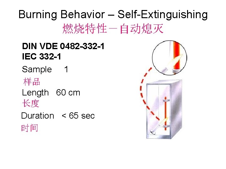 Burning Behavior – Self-Extinguishing 燃烧特性－自动熄灭 DIN VDE 0482 -332 -1 IEC 332 -1 Sample