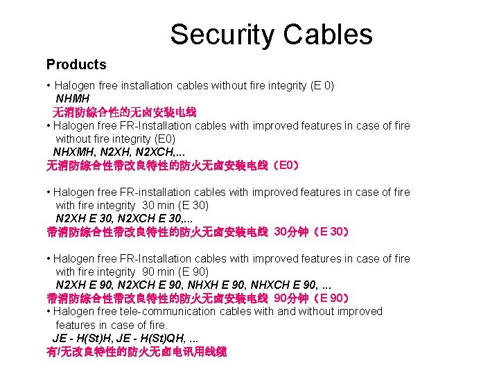 Security Cables Products • Halogen free installation cables without fire integrity (E 0) NHMH