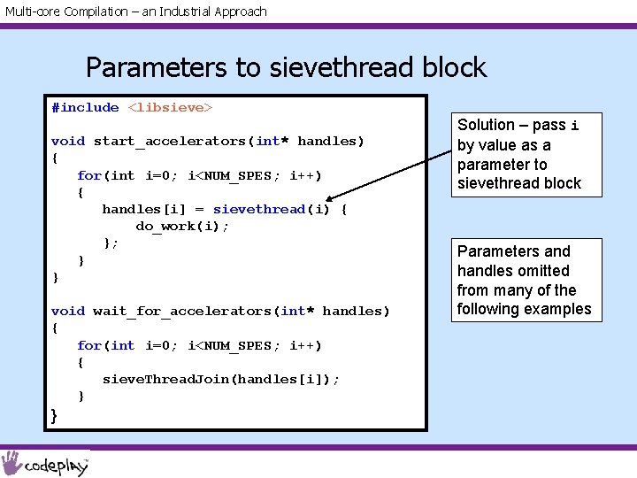 Multi-core Compilation – an Industrial Approach Parameters to sievethread block #include <libsieve> void start_accelerators(int*