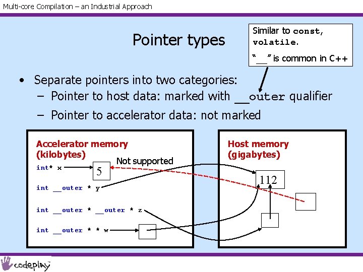 Multi-core Compilation – an Industrial Approach Pointer types Similar to const, volatile. “__” is