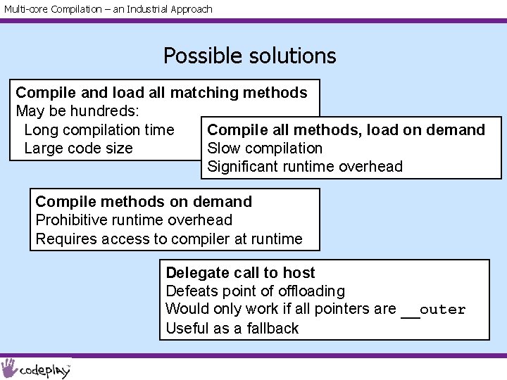 Multi-core Compilation – an Industrial Approach Possible solutions Compile and load all matching methods