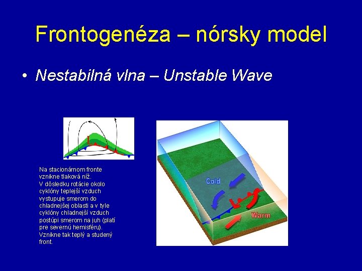 Frontogenéza – nórsky model • Nestabilná vlna – Unstable Wave Na stacionárnom fronte vznikne