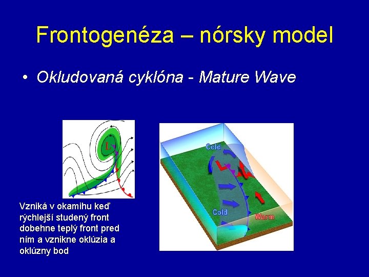 Frontogenéza – nórsky model • Okludovaná cyklóna - Mature Wave Vzniká v okamihu keď