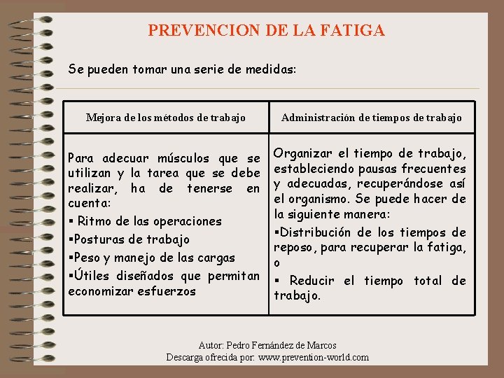 PREVENCION DE LA FATIGA Se pueden tomar una serie de medidas: Mejora de los