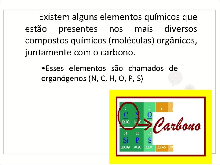 Existem alguns elementos químicos que estão presentes nos mais diversos compostos químicos (moléculas) orgânicos,