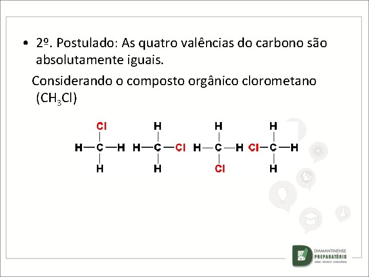  • 2º. Postulado: As quatro valências do carbono são absolutamente iguais. Considerando o