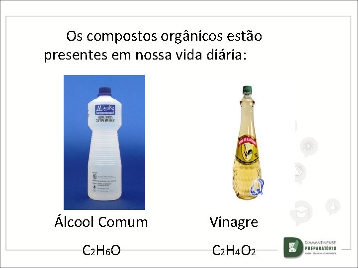 Os compostos orgânicos estão presentes em nossa vida diária: Álcool Comum Vinagre C 2