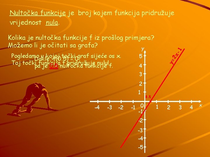 Nultočka funkcije je broj kojem funkcija pridružuje vrijednost nula. 2 x 5 y= Pogledamo