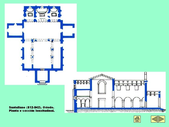 Santullano (812 -842). Oviedo. Planta e sección lonxitudinal. 