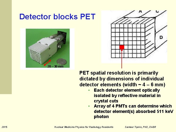 Detector blocks PET 20 – 30 mm PET spatial resolution is primarily dictated by