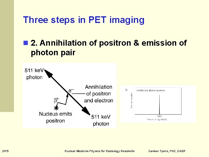 Three steps in PET imaging 2. Annihilation of positron & emission of photon pair