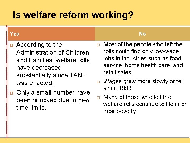 Is welfare reform working? Yes According to the Administration of Children and Families, welfare