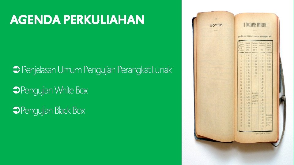 AGENDA PERKULIAHAN Penjelasan Umum Pengujian Perangkat Lunak Pengujian White Box Pengujian Black Box 