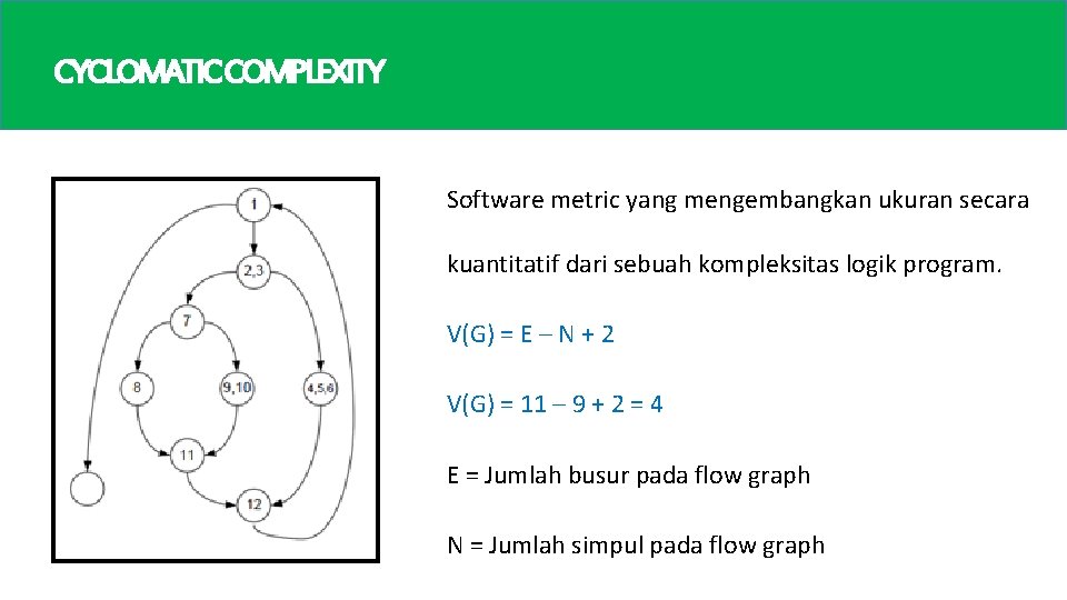 CYCLOMATICCOMPLEXITY Software metric yang mengembangkan ukuran secara kuantitatif dari sebuah kompleksitas logik program. V(G)