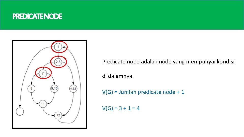 PREDICATENODE Predicate node adalah node yang mempunyai kondisi di dalamnya. V(G) = Jumlah predicate