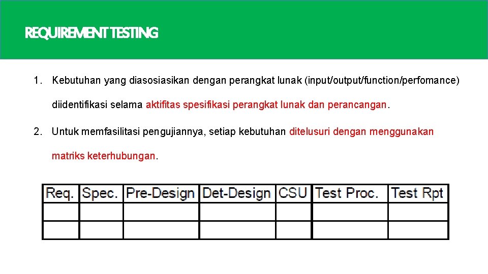 REQUIREMENTTESTING 1. Kebutuhan yang diasosiasikan dengan perangkat lunak (input/output/function/perfomance) diidentifikasi selama aktifitas spesifikasi perangkat