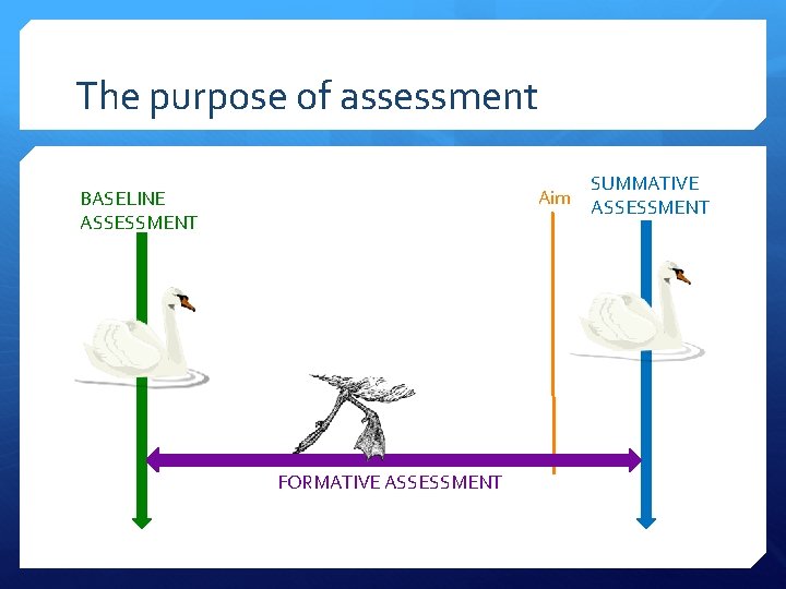 The purpose of assessment Aim BASELINE ASSESSMENT FORMATIVE ASSESSMENT SUMMATIVE ASSESSMENT 