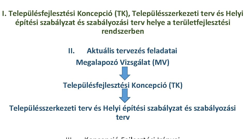 I. Településfejlesztési Koncepció (TK), Településszerkezeti terv és Helyi építési szabályzat és szabályozási terv helye