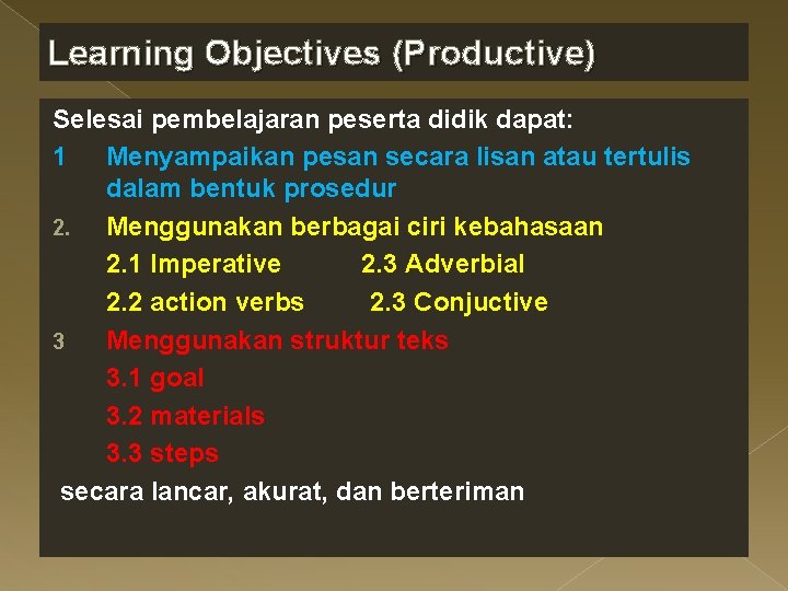 Learning Objectives (Productive) Selesai pembelajaran peserta didik dapat: 1 Menyampaikan pesan secara lisan atau