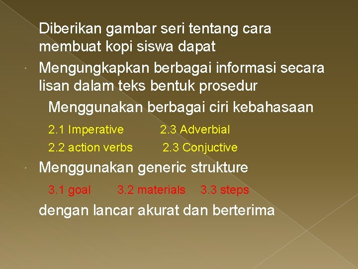 Diberikan gambar seri tentang cara membuat kopi siswa dapat Mengungkapkan berbagai informasi secara lisan