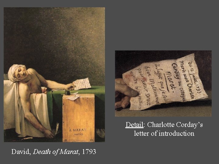 Detail: Charlotte Corday’s letter of introduction David, Death of Marat, 1793 